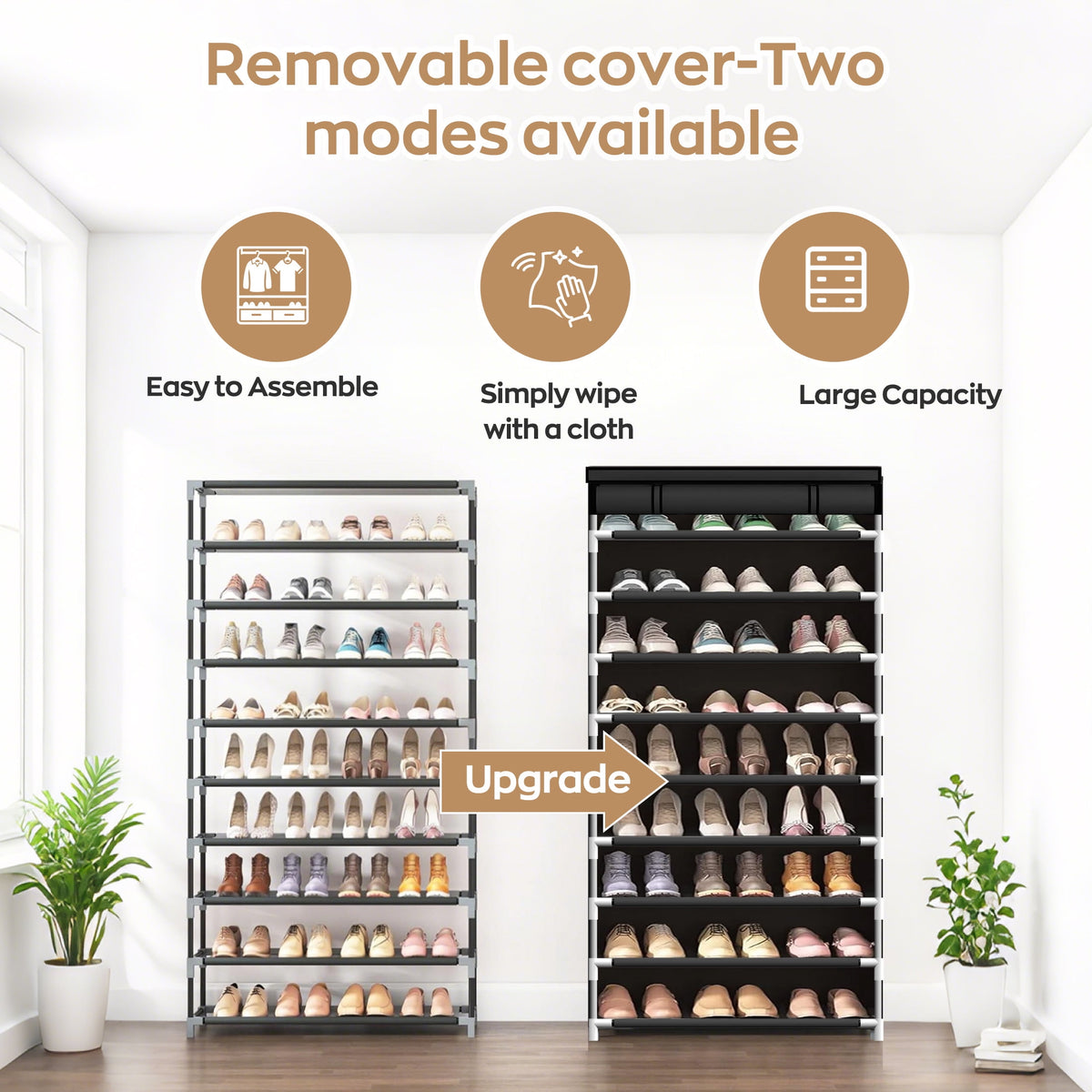 9-Tier Rack with Cover, Dustproof Storage Organizer Cabinet for Closet, Entryway, Free Standing Shelf, Black - Image 3