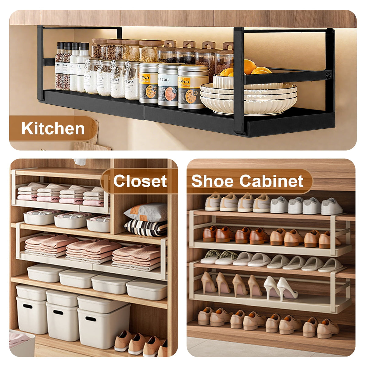 Under Cabinet Shelf Organizer Adjustable Telescopic Shelf Basket Under Cabinet Shelf for Pantry Closet Shoe Cabinet - Image 3