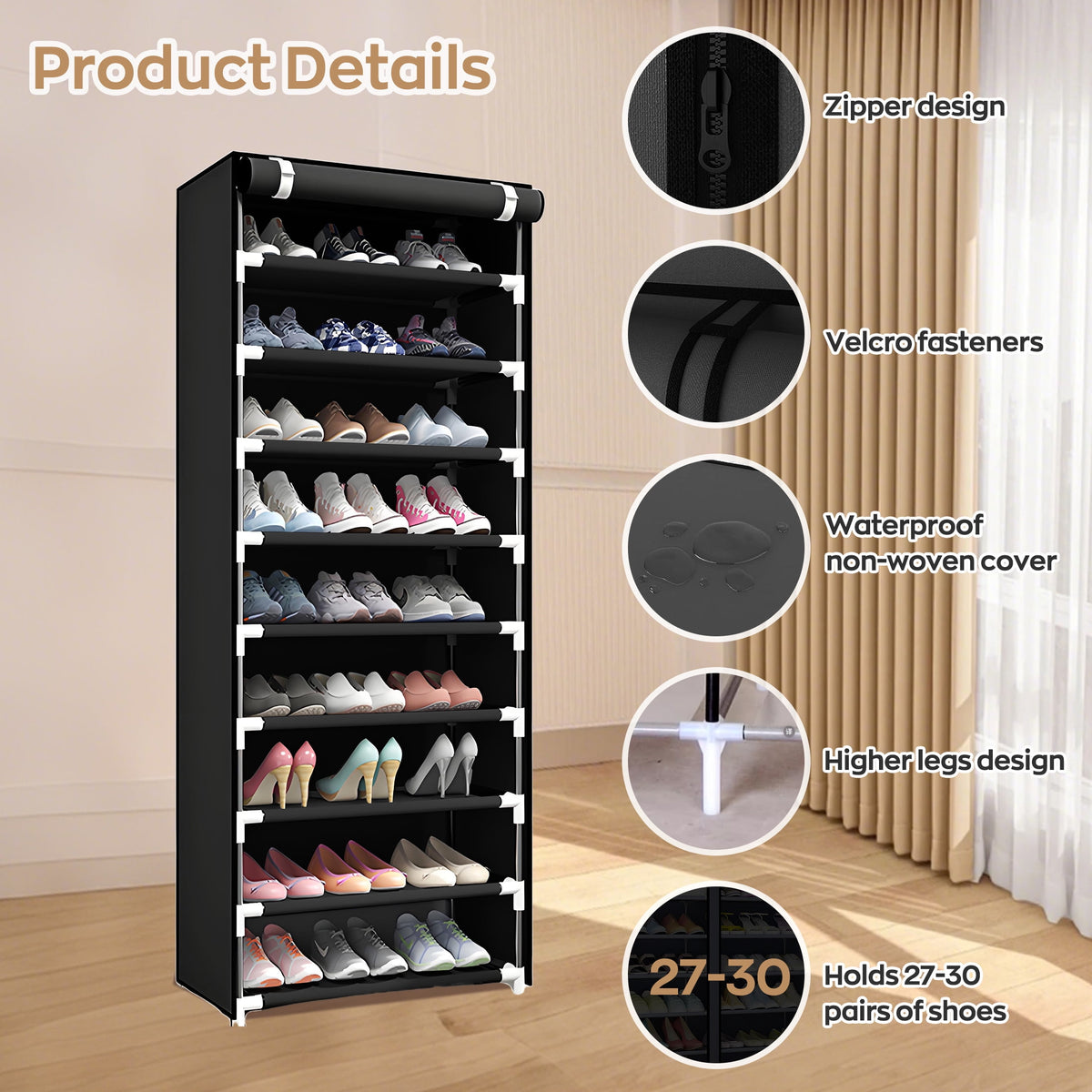9-Tier Rack with Cover, Dustproof Storage Organizer Cabinet for Closet, Entryway, Free Standing Shelf, Black - Image 5