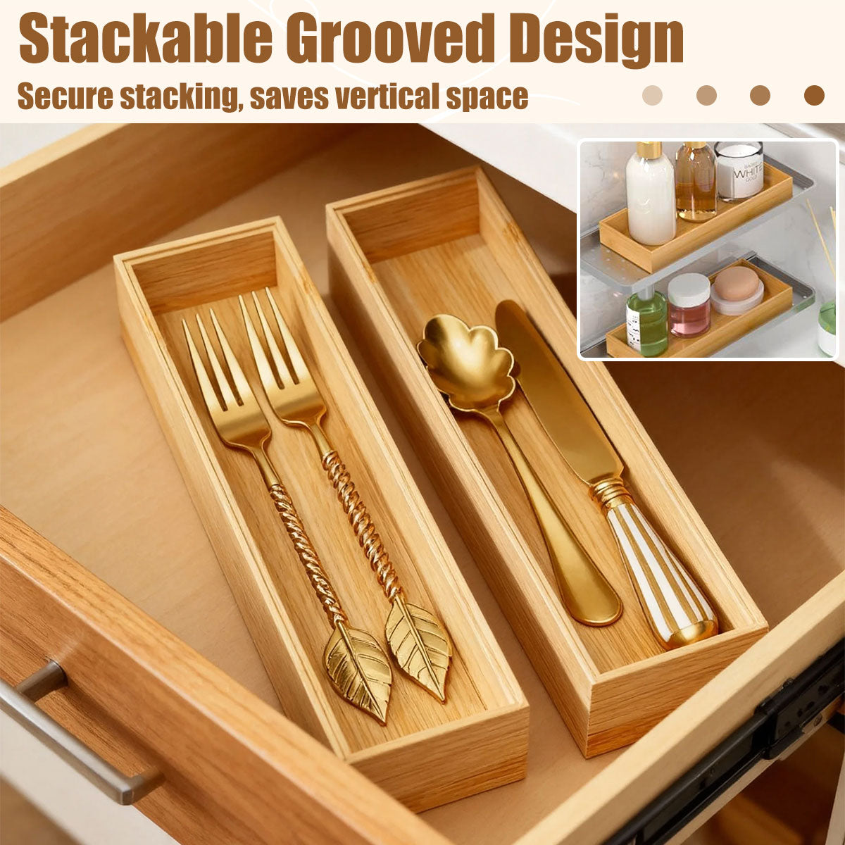 Bamboo Drawer Organizers - 12x3x2 Inch Stackable Cutlery Trays for Kitchen,Bathroom,and Office Storage,2 Pcs - Image 6