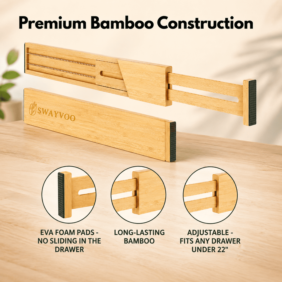 Bamboo Drawer Dividers 4-Pack Adjustable Drawer Organizer Separators for Kitchen, Bedroom, Bathroom, Cabinet, Office ... - Image 3