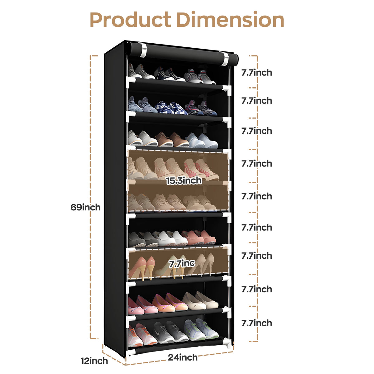 9-Tier Rack with Cover, Dustproof Storage Organizer Cabinet for Closet, Entryway, Free Standing Shelf, Black - Image 6