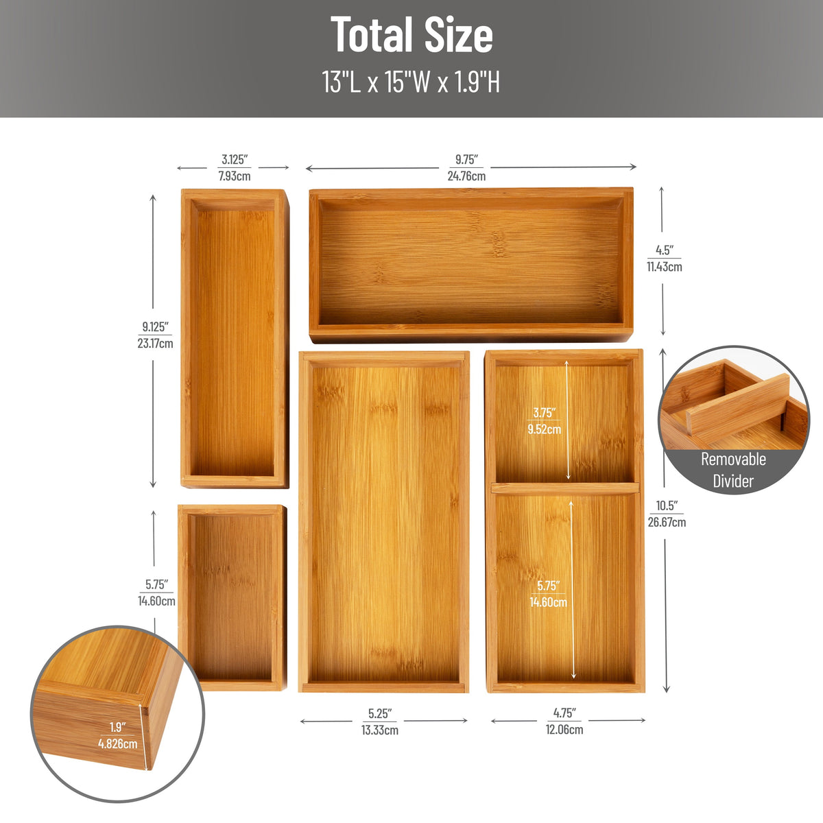 5-Piece Bamboo Drawer Organizer Set, Stackable Storage Trays for Kitchen, Bathroom, Office, Rayon , Brown - Image 4