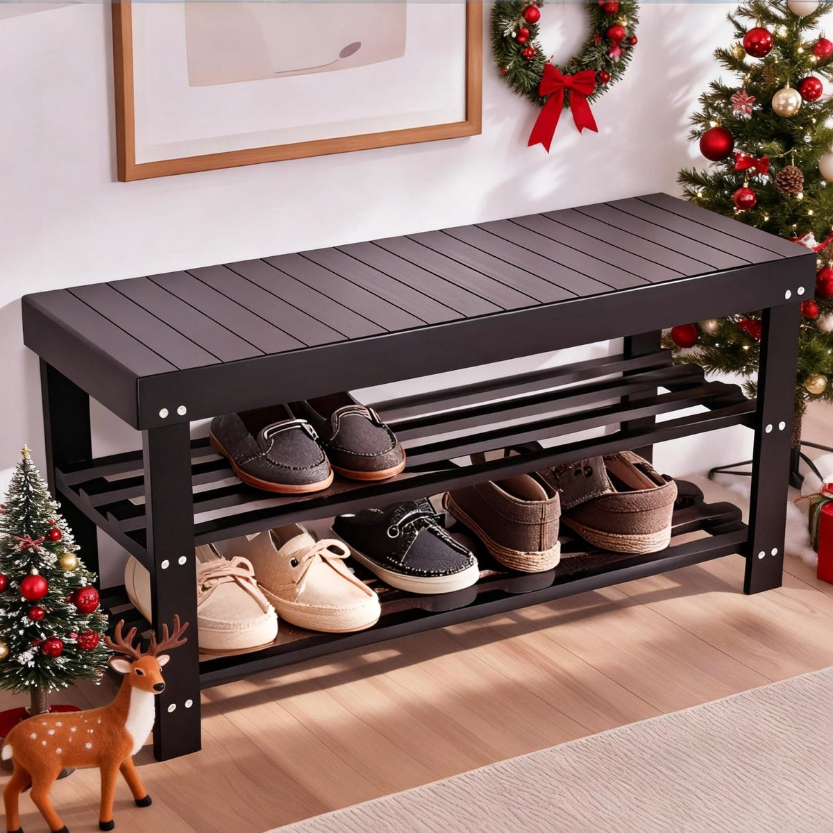 36" Bamboo Shoe Storage Bench, 3-Tier Shoe Rack Organizer for Entryway Hallway Closet Living Room Bathroom, Espresso ... - Image 3