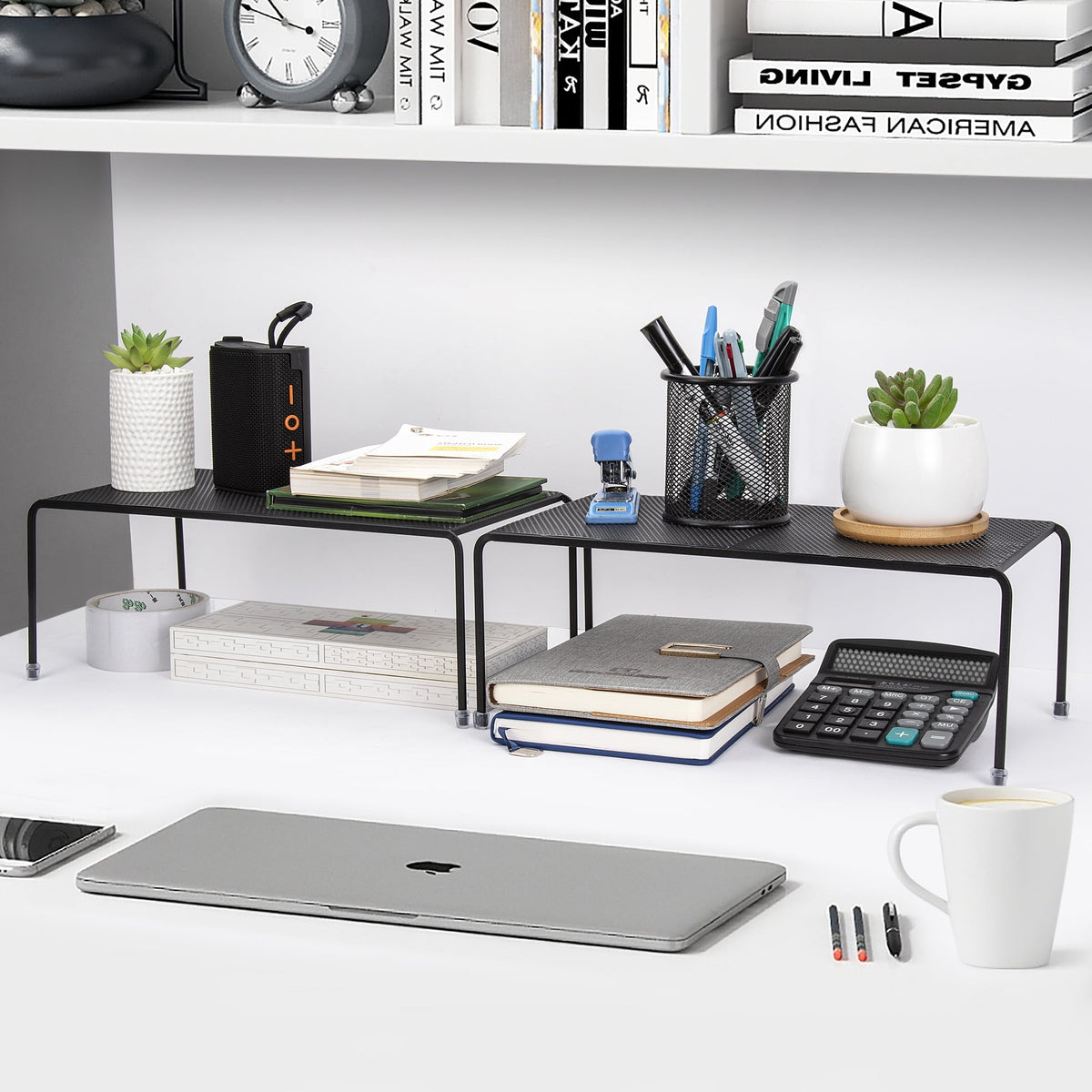 Set of 4 Metal Kitchen Countertop Shelf Riser Organizer for Cabinets, Fridge, and Pantries - Black - Image 5
