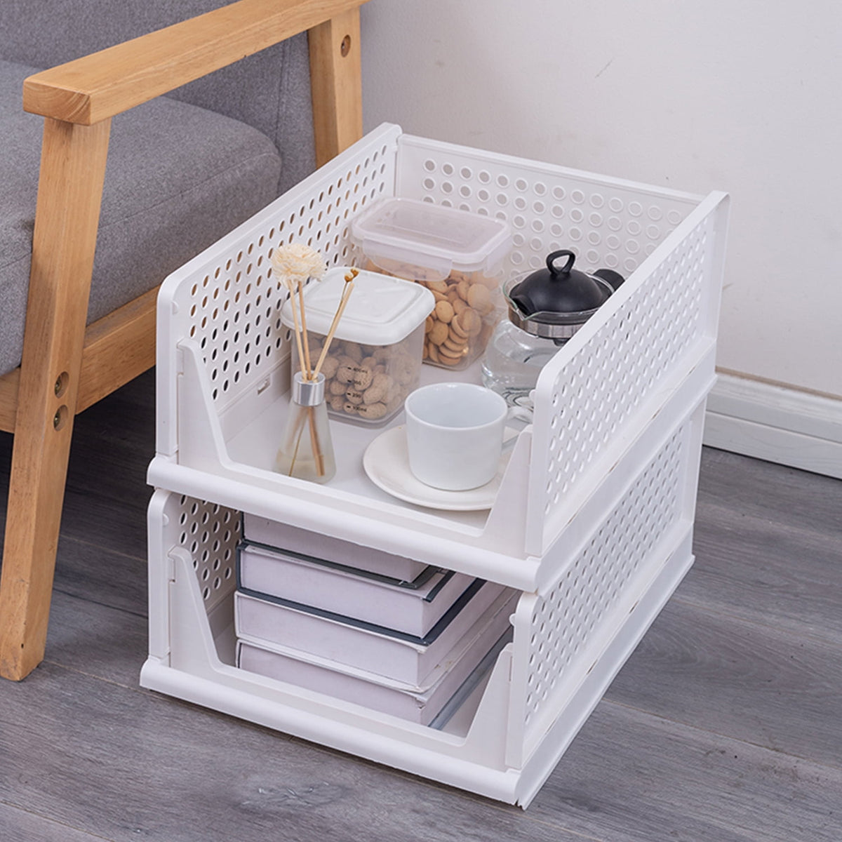 Plastic Storage Basket 4 Pack, Drawer Shelf Container, Foldable Closet Organizers for Wardrobe Cupboard Kitchen Bathr... - Image 3