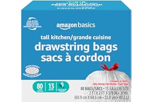 Basics Ultra-Force Tall Kitchen Drawstring Trash Bags, Classic Clean Scented, 13 Gallon, 80 Count with Odor Control