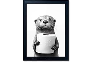 Bathroom Picture Wall Decor, Framed Black and White Bathroom Wall Art, Toilet Paper in Little Funny Raccoon's Hand Animal Can