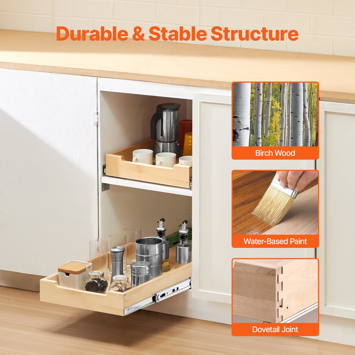 x Pull Out Cabinet Organizer, Wood Expandable Slide out Drawers Storage Rack, Gentle Shutting Slide-out Tray, Ideal f... - Image 3