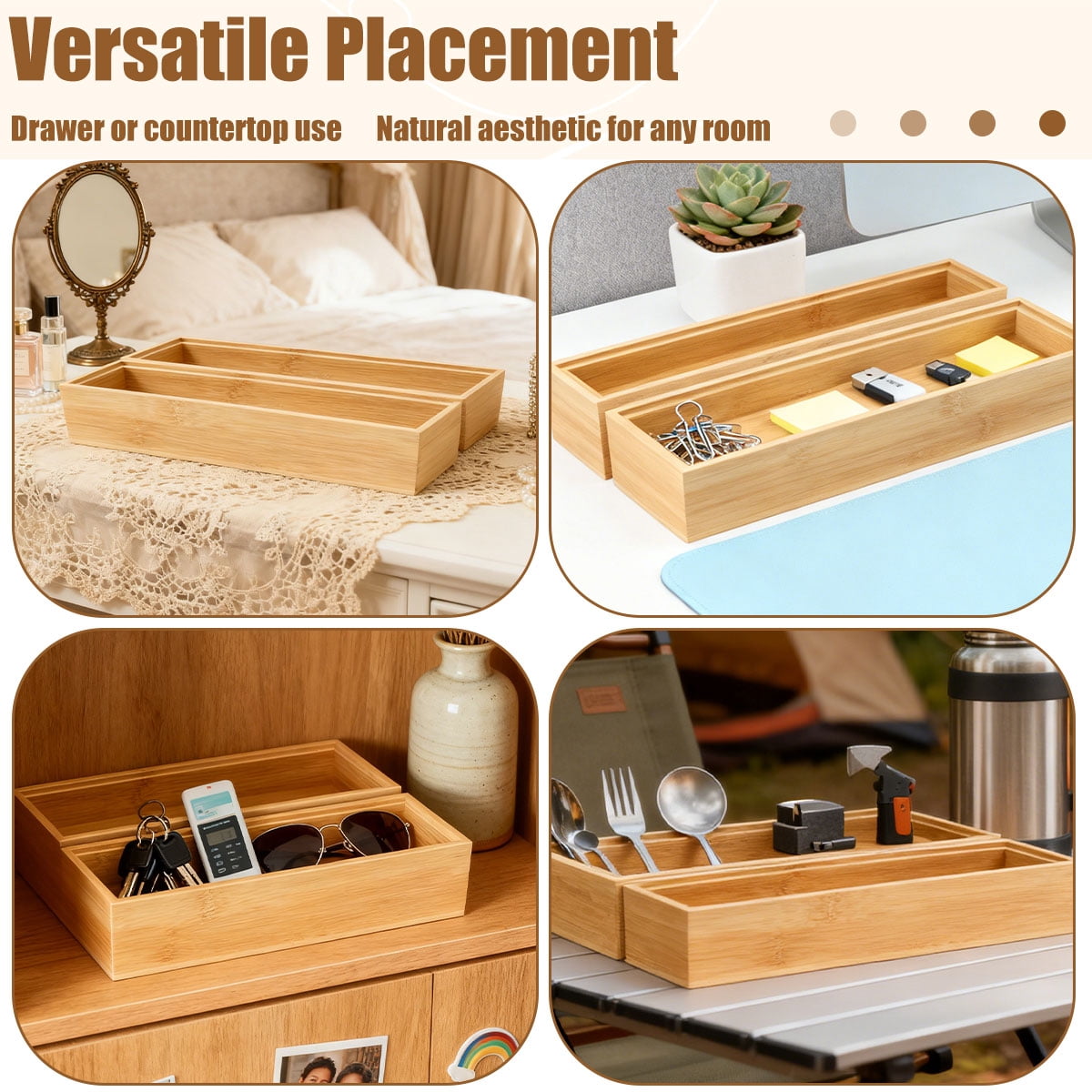 Bamboo Drawer Organizers - 12x3x2 Inch Stackable Cutlery Trays for Kitchen,Bathroom,and Office Storage,2 Pcs - Image 4
