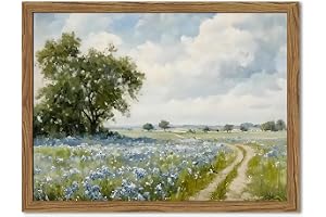 Framed Vintage Canvas Wall Art, Country Landscape Wildflower Field Wall Decor Paintings, Rustic Nature Pictures Prints Home D