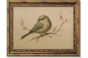 Myzoran Gold Framed Bird Canvas Wall Art,Vintage Birds Wall Decor Aesthetic,Cherry Blossom Beige Printing Artwork,Spring Rust