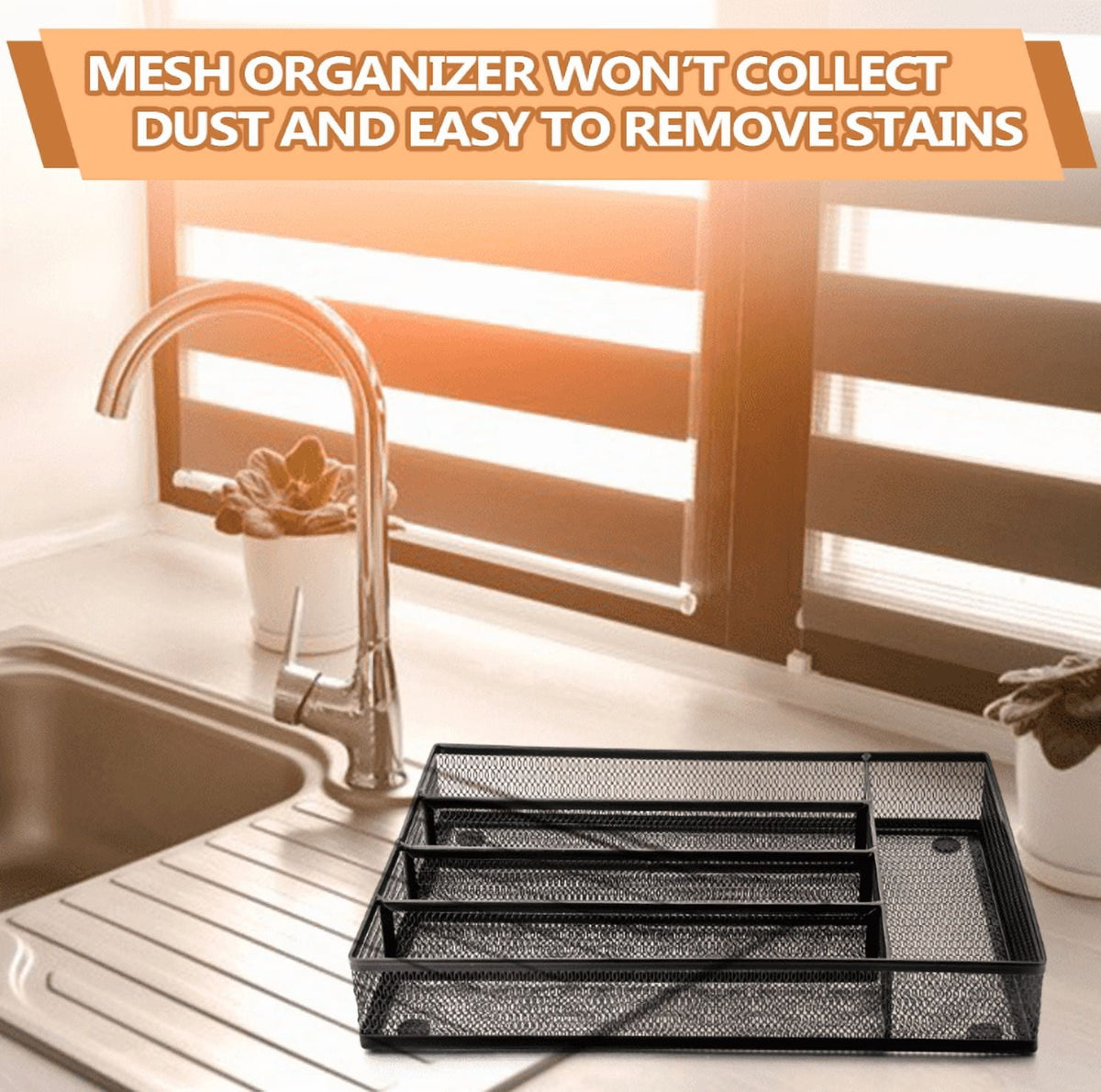 Black Kitchen Drawer Organizer, Metal Mesh Silverware Organizer, Cutlery Holder Tray for Kitchen Drawers, 5 Compartme... - Image 3