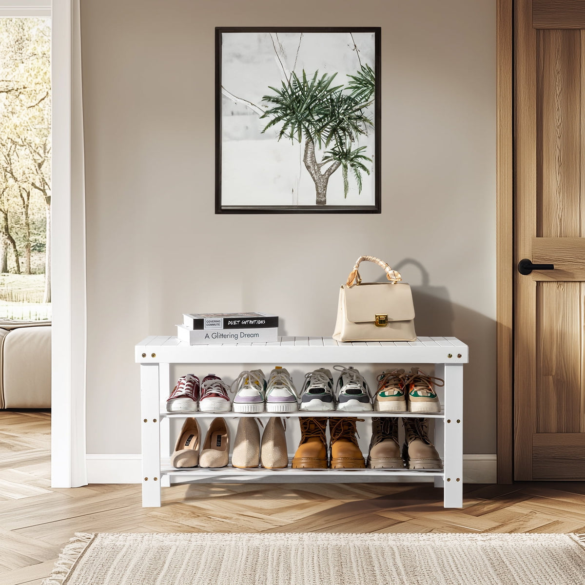 3 Solid Bamboo Shoe Rack Bench, 11.02'' x 35.43'' x 17.72'' Storage Seat Organizer for Entryway Hallway, White - Image 3