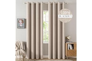 MIULEE 100% Blackout Linen Textured Curtains for Bedroom Solid Thermal Insulated Natural Beige Grommet Room Darkening Curtain