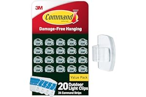Command Outdoor Light Clips, 20 Clear Clips and 24 Command Strips, Damage-Free Hanging Outdoor Light Clips with Weather Resis