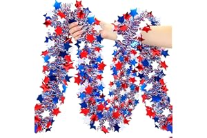YunPuff 50 Ft Patriotic Star Garland, Red White Blue Metallic Tinsel with 5-Pointed Stars, 4th of July & America 250th Annive