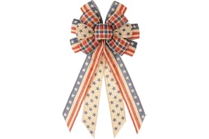Kutyndrix Buffalo Plaid Patriotic Bow for Wreaths Front Door, Large 21" Red White Blue Layered Burlap Wired Bow Farmhouse 4th