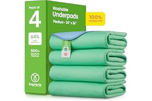 IMPROVIA Washable Underpads, 34" x 36" (Pack of 4) - Heavy Absorbency Reusable Bedwetting Incontinence Pads for Kids, Adults