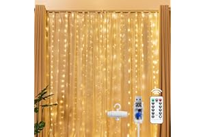 Brightown 300 LED Fairy Curtain Lights, 9.8ft x 9.8ft Warm White Curtain String Lights, USB Plug in 8 Lighting Modes Christma