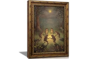 Vintage Gold Framed Frog Wall Art,Frogs Dancing in Moonlight Forest Painting Canvas Prints,Whimsical Animal Wall Decor,Retro