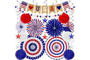 26 PCS 4th of July Decorations, 250th Memorial Day Red White Blue Paper Fans Decorations, 4th of July Banner Pompom Garland a