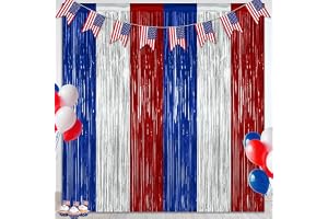 2 Pack 4th of July Decorations, 3.28 FT x 7.05 FT 250 Anniversary Tinsel Backdrop, Red Silver Blue Fringe Curtains Streamer B - 3