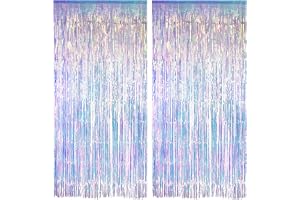 Iridescent Party Streamers Backdrop - GREATRIL Neon Transparent Holographic Tinsel Foil Fringe Curtain for Mermaid/Frozen/Sea