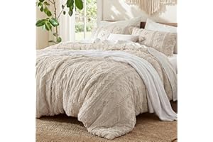 Bedsure Tufted Boho Comforter Set Queen Size - Beige Boho Bed Set, GentleSoft 3 Pieces Farmhouse-Style Embroidery Bedding, G