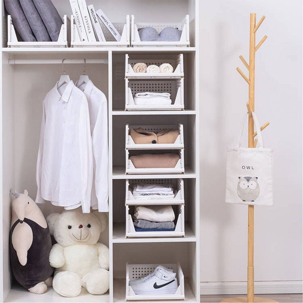 Plastic Storage Basket 4 Pack, Drawer Shelf Container, Foldable Closet Organizers for Wardrobe Cupboard Kitchen Bathr... - Image 2