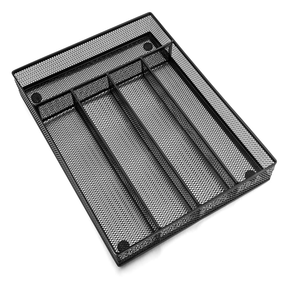 Black Kitchen Drawer Organizer, Metal Mesh Silverware Organizer, Cutlery Holder Tray for Kitchen Drawers, 5 Compartme...