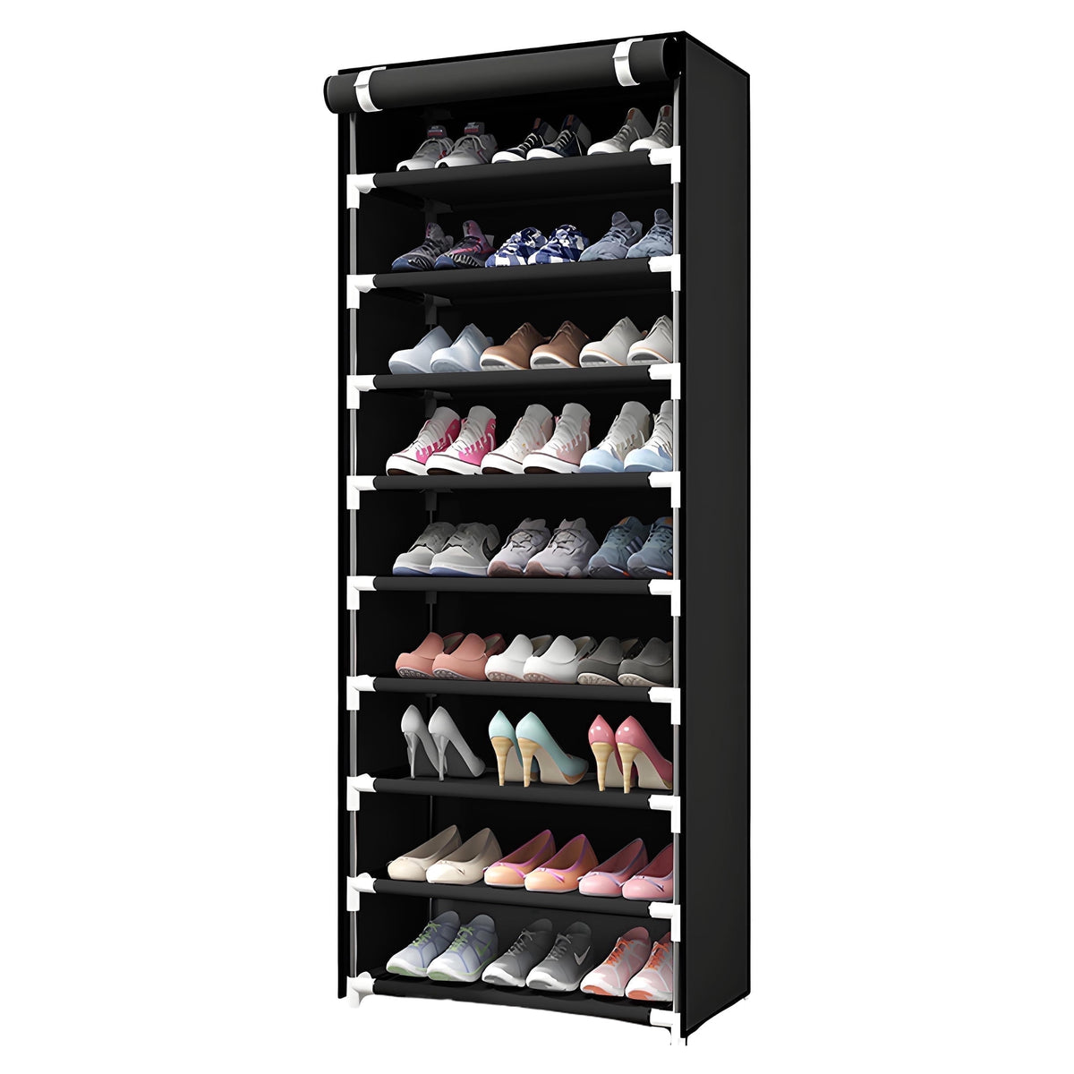 9-Tier Rack with Cover, Dustproof Storage Organizer Cabinet for Closet, Entryway, Free Standing Shelf, Black