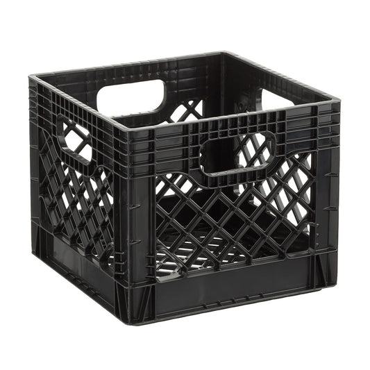 Heavy-Duty Plastic Milk Crate Black with Built-in Handles