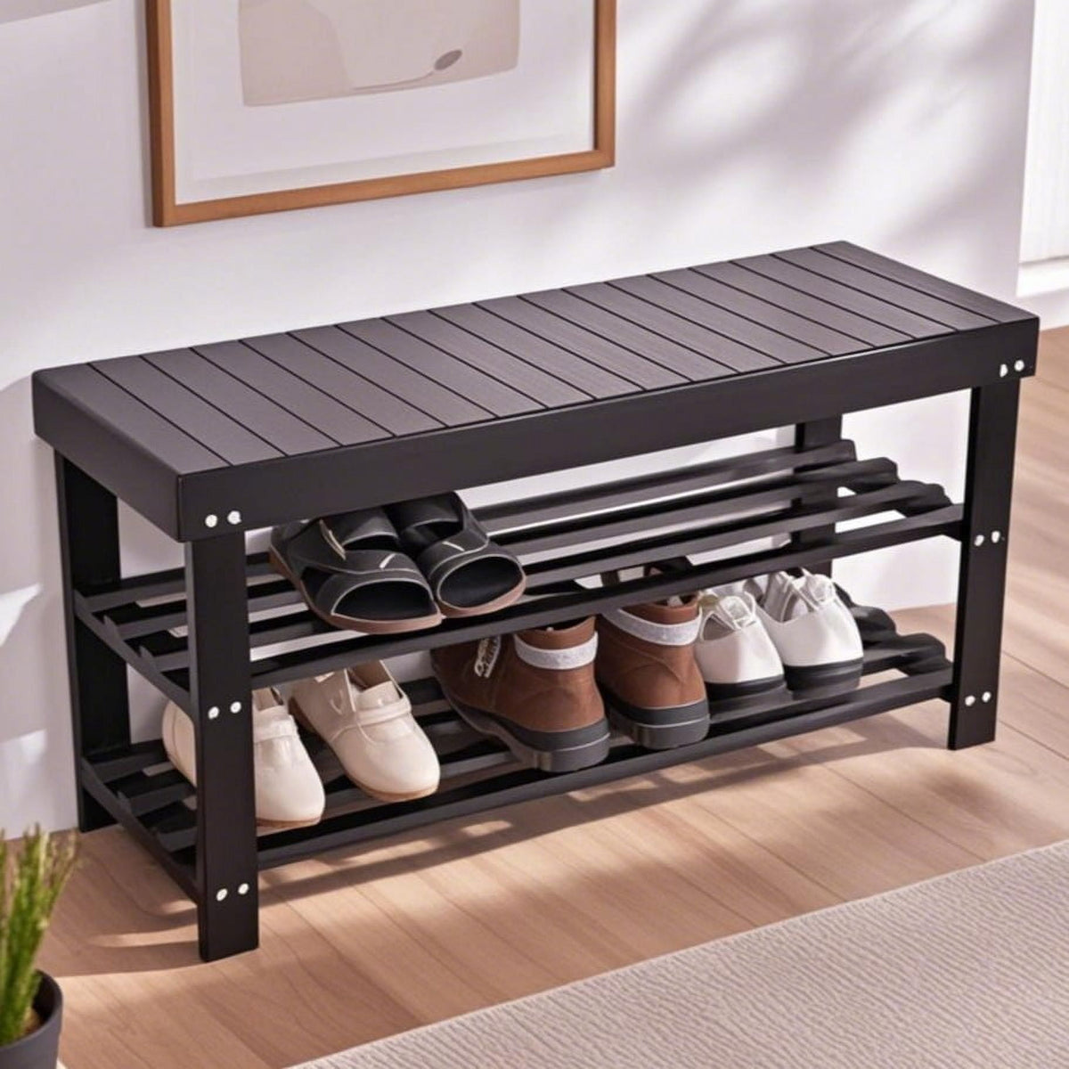 36" Bamboo Shoe Storage Bench, 3-Tier Shoe Rack Organizer for Entryway Hallway Closet Living Room Bathroom, Espresso ... - Image 2