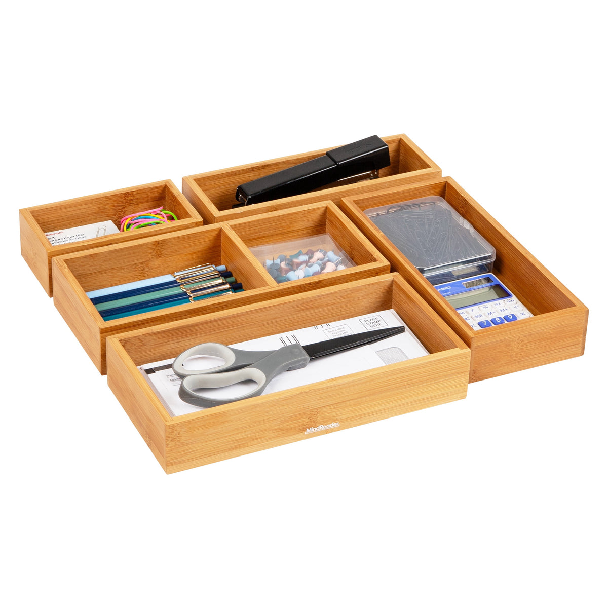 5-Piece Bamboo Drawer Organizer Set, Stackable Storage Trays for Kitchen, Bathroom, Office, Rayon , Brown - Image 2