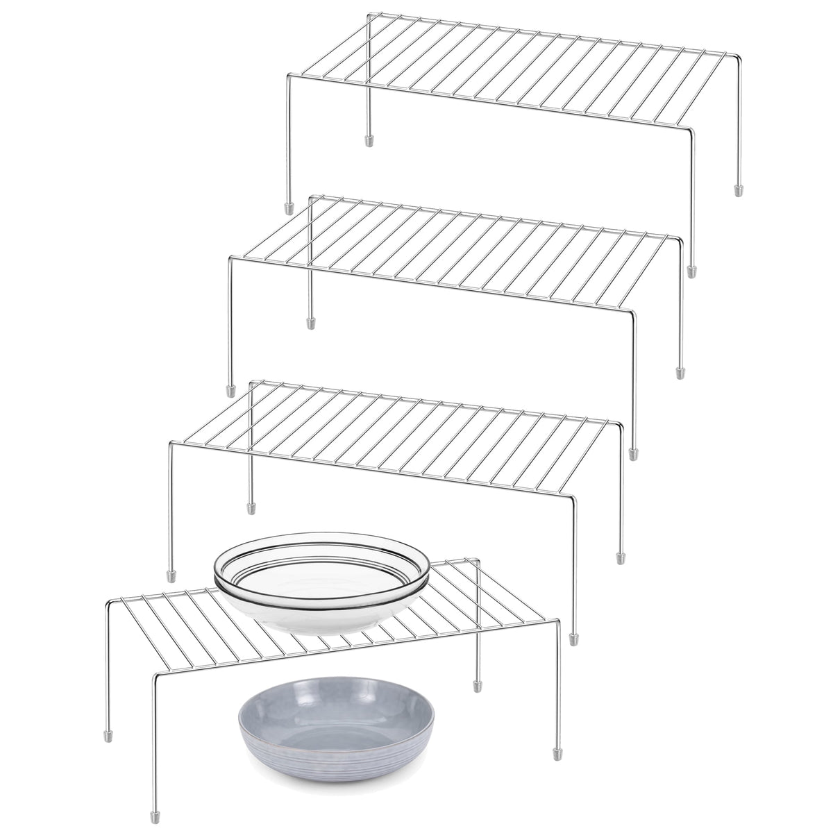 Kitchen Food Storage Cabinet Shelf Organizer, Chrome, 4 Pack