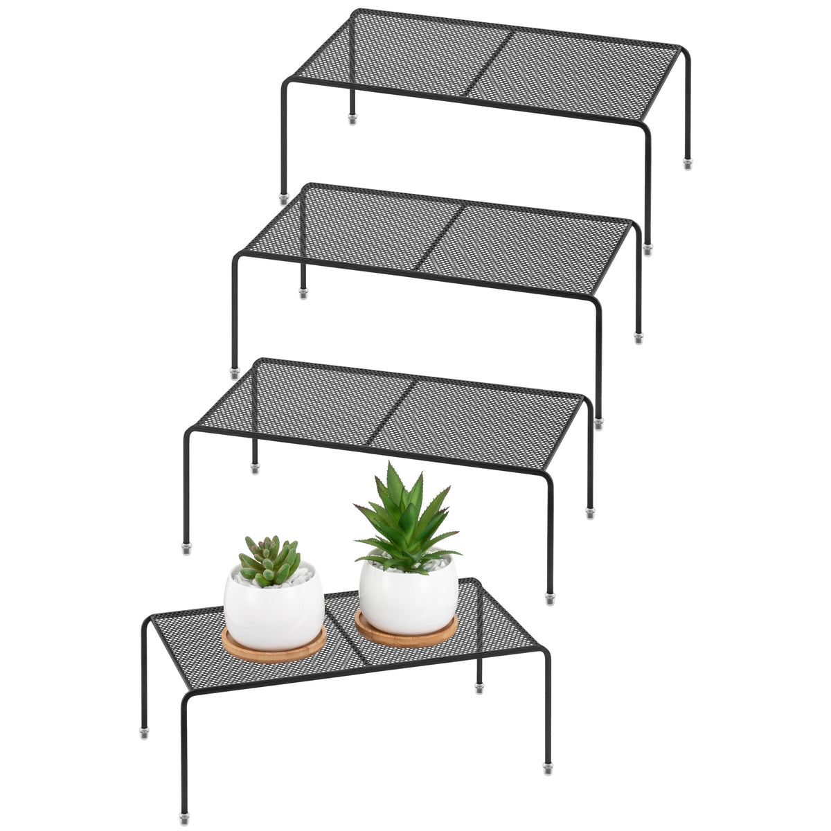 Set of 4 Metal Kitchen Countertop Shelf Riser Organizer for Cabinets, Fridge, and Pantries - Black