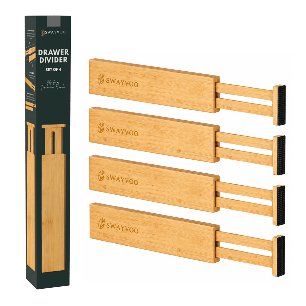 Bamboo Drawer Dividers 4-Pack Adjustable Drawer Organizer Separators for Kitchen, Bedroom, Bathroom, Cabinet, Office ... - Image 2