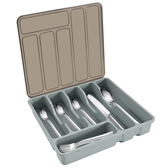 with Lid,6-Compartment Utensil Holder for Kitchen Drawer, Portable Cutlery Caddy for Spoons, Forks, Knives, Large Fla...