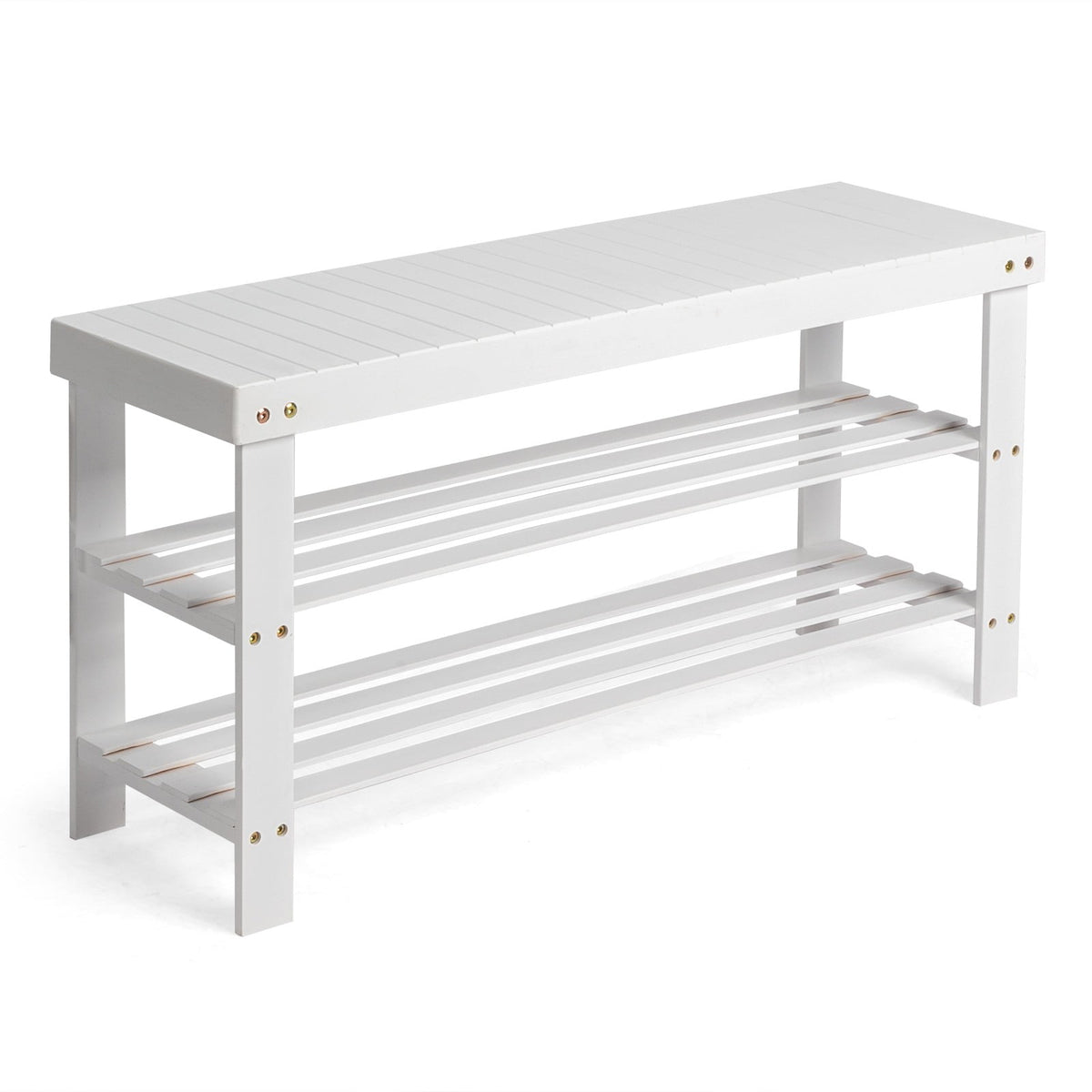 3 Solid Bamboo Shoe Rack Bench, 11.02'' x 35.43'' x 17.72'' Storage Seat Organizer for Entryway Hallway, White - Image 2
