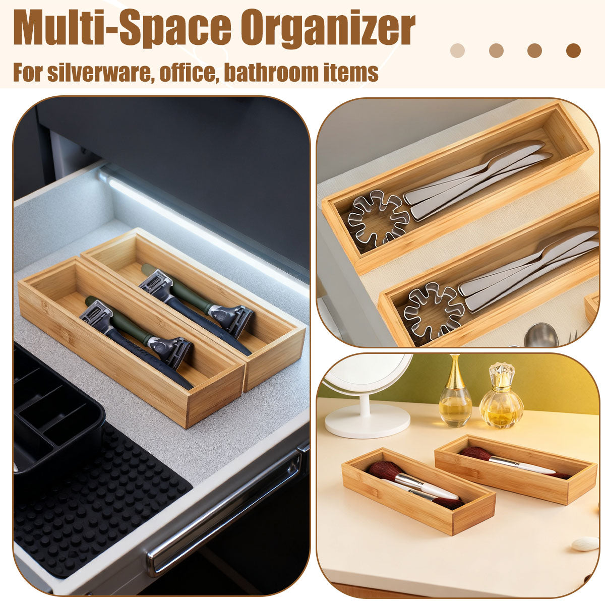 Bamboo Drawer Organizers - 12x3x2 Inch Stackable Cutlery Trays for Kitchen,Bathroom,and Office Storage,2 Pcs - Image 5