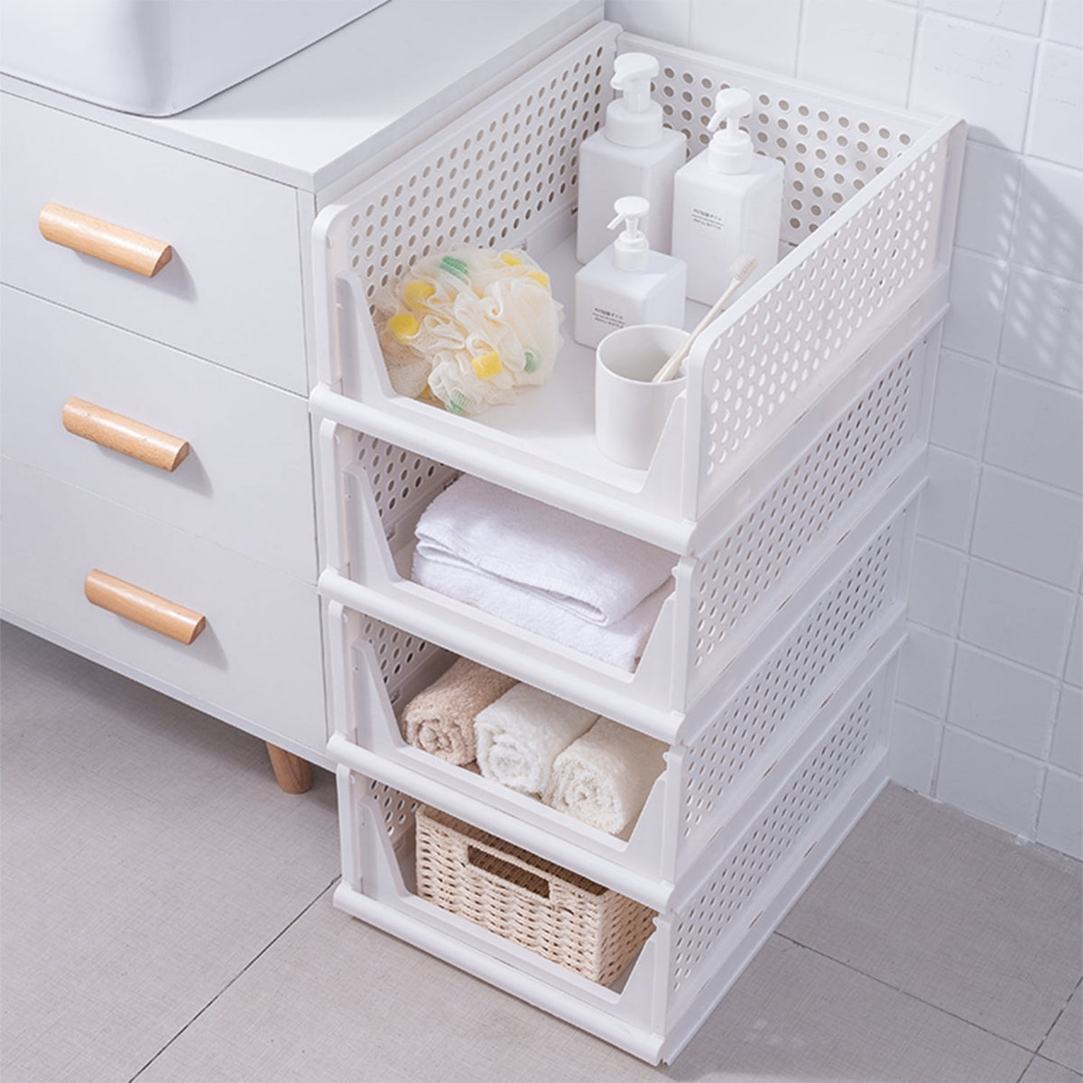 Plastic Storage Basket 4 Pack, Drawer Shelf Container, Foldable Closet Organizers for Wardrobe Cupboard Kitchen Bathr... - Image 6