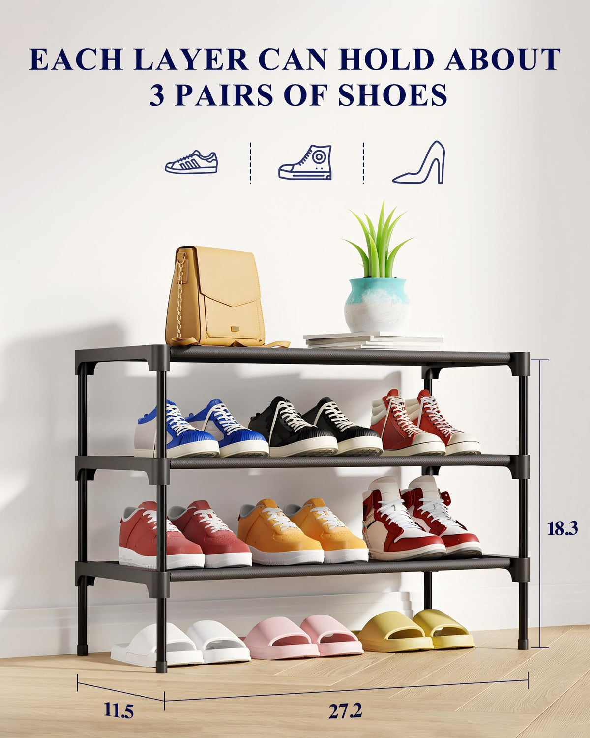 3-Tier Rack, Organizer for Closet, Entryway, Garage or Hallway, 11.5" x 27.2" x 18.3", Black - Image 2