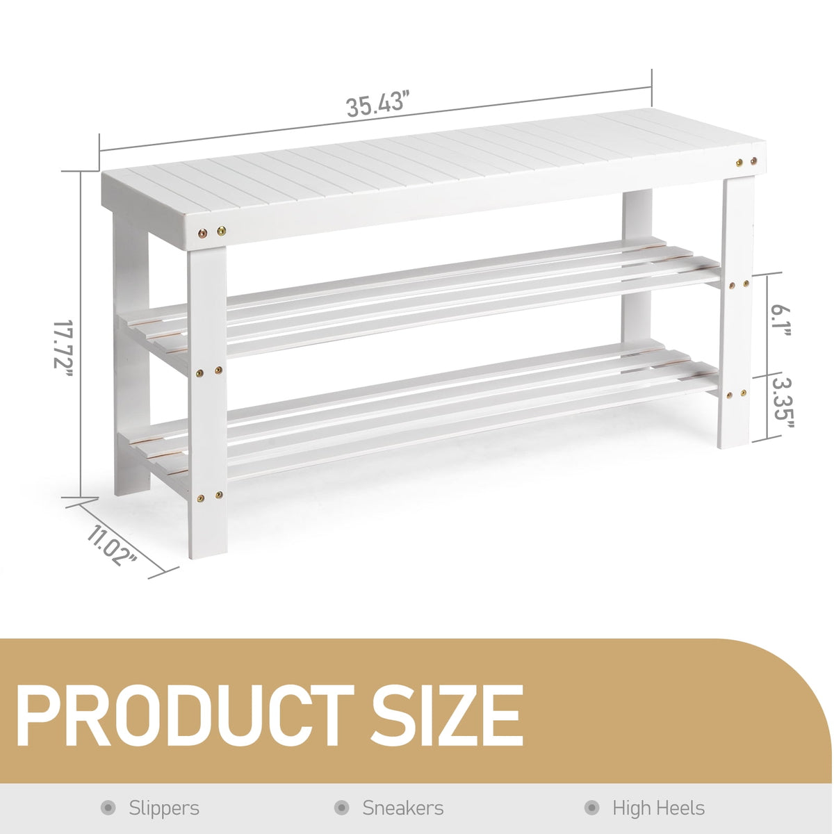 3 Solid Bamboo Shoe Rack Bench, 11.02'' x 35.43'' x 17.72'' Storage Seat Organizer for Entryway Hallway, White - Image 4