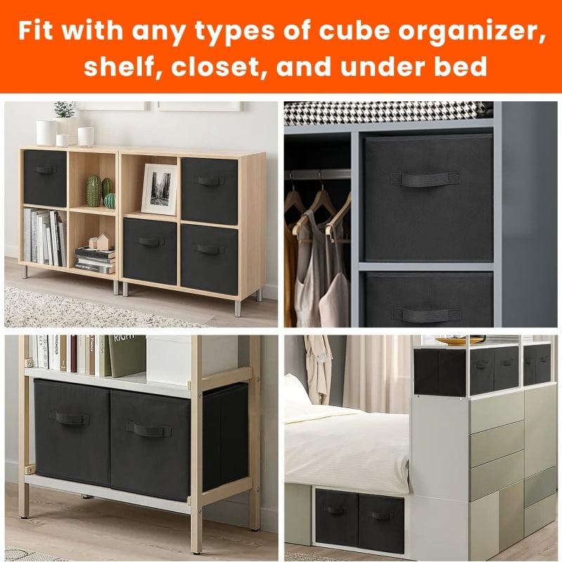 11”x11”x11” 6-Pack Foldable Storage Bin Collapsible Closet & Toy Organization Boxe Space Saving Fabric Cube (Black) - Image 5