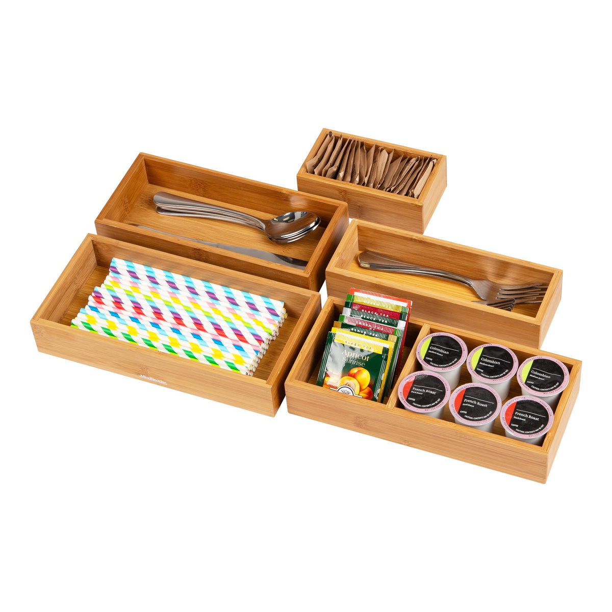 5-Piece Bamboo Drawer Organizer Set, Stackable Storage Trays for Kitchen, Bathroom, Office, Rayon , Brown - Image 5