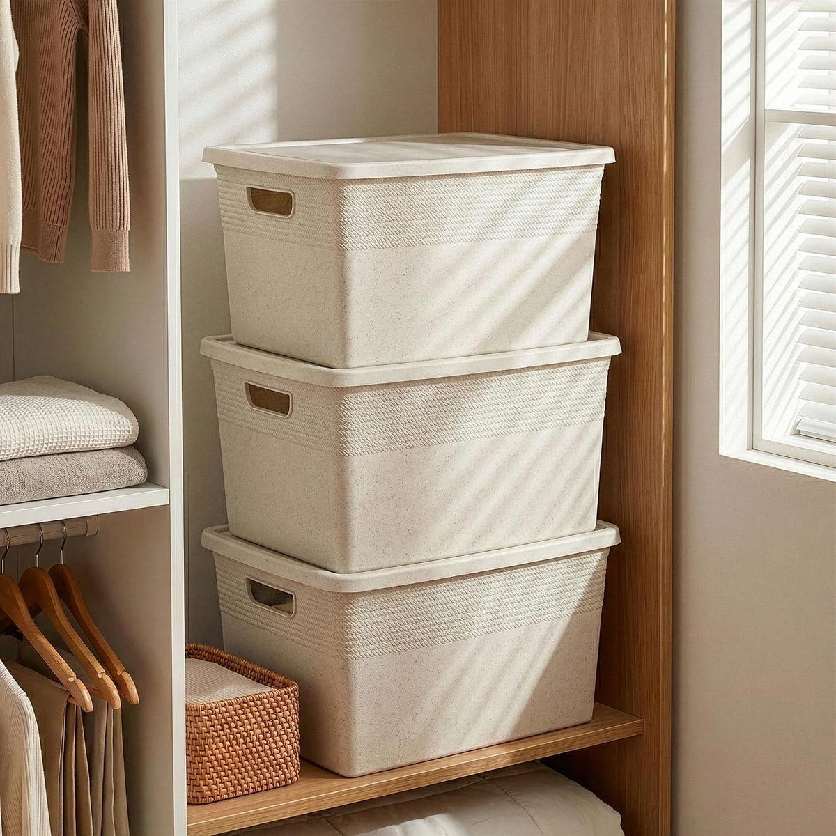 Plastic Storage Bins with Lids 22 Liter 3 Pack Natural Woven Style - Image 4
