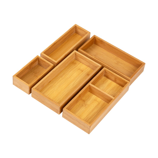 5-Piece Bamboo Drawer Organizer Set, Stackable Storage Trays for Kitchen, Bathroom, Office, Rayon , Brown