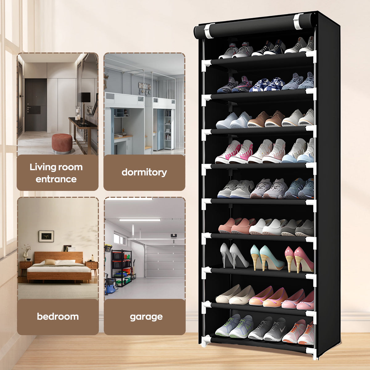 9-Tier Rack with Cover, Dustproof Storage Organizer Cabinet for Closet, Entryway, Free Standing Shelf, Black - Image 4