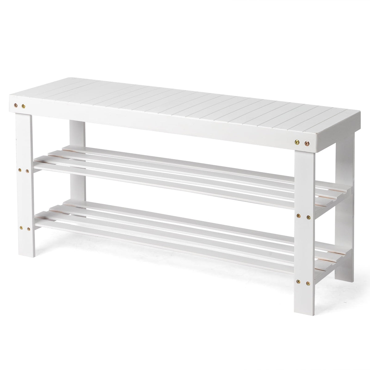 3 Solid Bamboo Shoe Rack Bench, 11.02'' x 35.43'' x 17.72'' Storage Seat Organizer for Entryway Hallway, White - Image 6